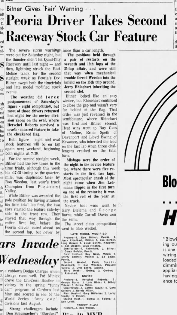 Don Bitner wins 2nd Feature Moline 1970